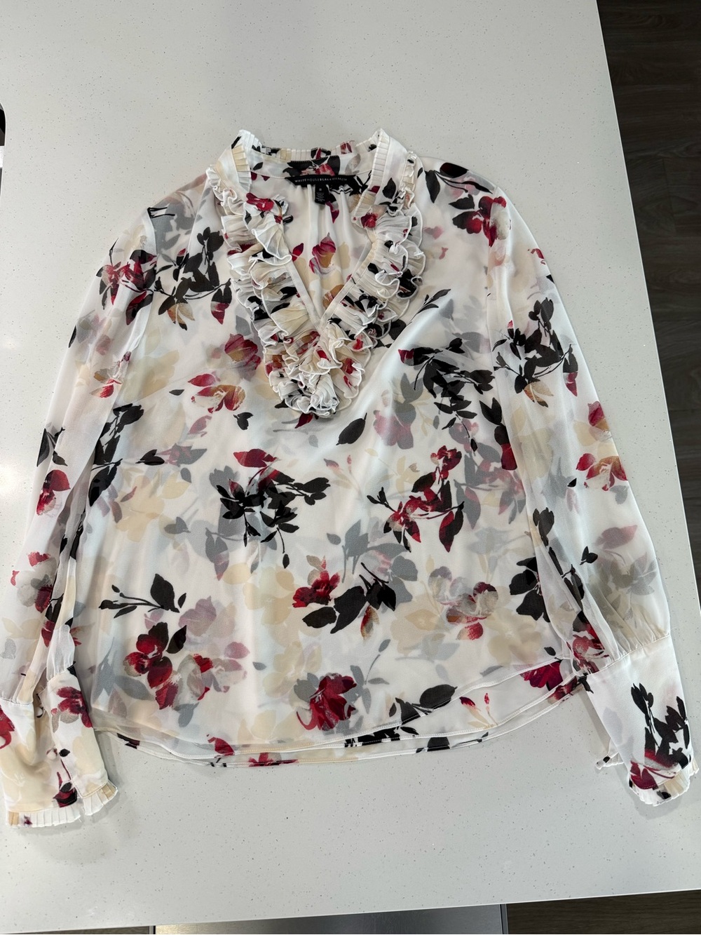 White House Black Market Cream Floral Ruffled V-Neck Blouse